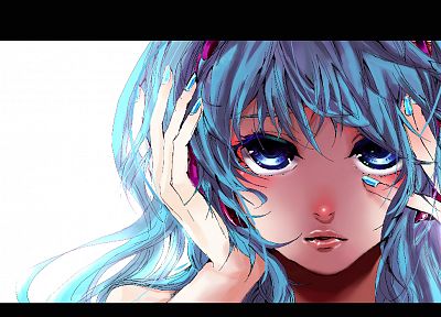 Vocaloid, Hatsune Miku, simple background, faces, Migikata no Chou - duplicate desktop wallpaper