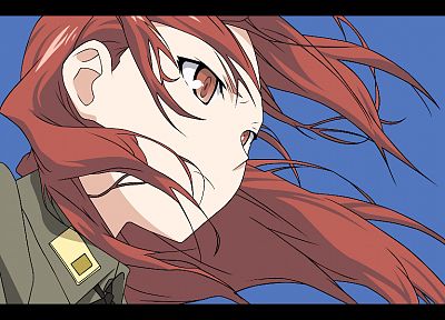 Strike Witches, uniforms, army, military, redheads, wind, long hair, brown eyes, Minna-Dietlinde Wilcke, simple background, anime girls, faces, blue background - random desktop wallpaper