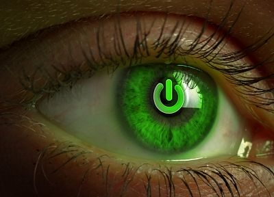 eyes, green eyes, power button, photo manipulation - desktop wallpaper