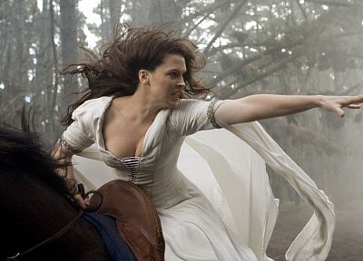 brunettes, women, forests, Bridget Regan, Legend Of The Seeker, cleavage, outdoors, horses, angry, action, reaching out, riding, horseback riding, girls with horses - duplicate desktop wallpaper