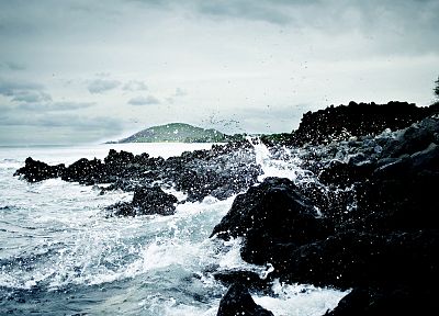 water, waves, rocks, stones, shore, ripples, splashes, sea - desktop wallpaper