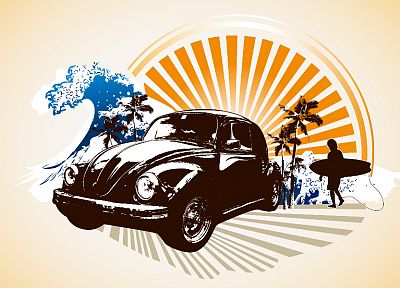 tropical, surfing, beetles, Volkswagen - duplicate desktop wallpaper