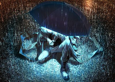 paintings, night, rain, anime, umbrellas, neon effects - related desktop wallpaper