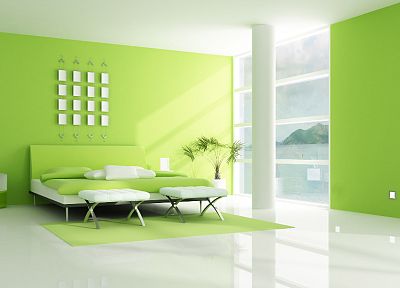 green, interior, bedroom, 3D renders - random desktop wallpaper