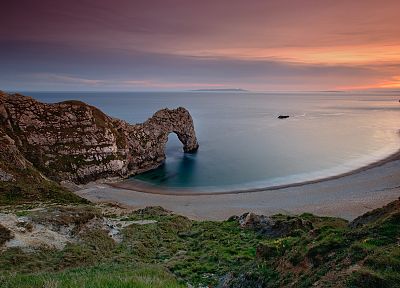sunset, England, rocks, Lulworth Cove, sea, beaches - desktop wallpaper