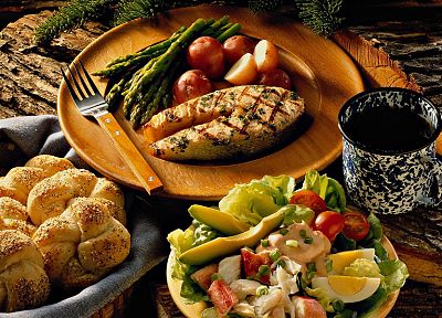 eggs, food, fish, bread, forks, asparagus - desktop wallpaper