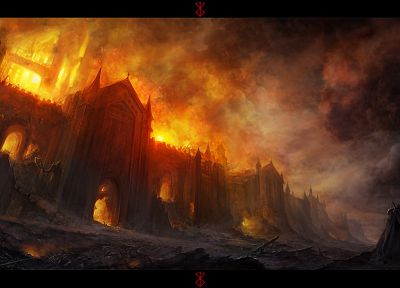 flames, castles, axes - desktop wallpaper